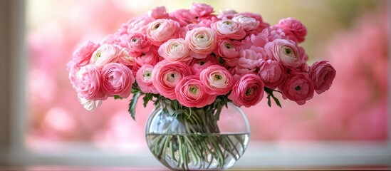 Poster - Pastel pink ranunculus bouquet in glass vase against soft pink background showcasing spring blooms and delicate floral beauty