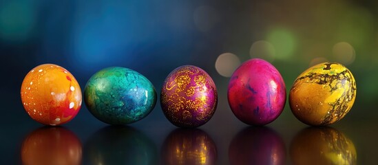 Aufkleber - Vibrant and artistic Easter eggs displayed elegantly on a reflective surface with a dreamy background bokeh effect