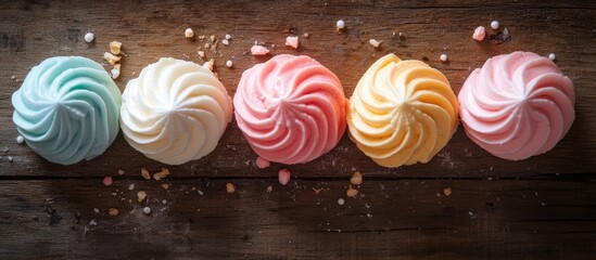 Aufkleber - Colorful merengues arranged on rustic wooden surface with scattered toppings creating an appetizing dessert display