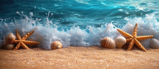 Poster - Seashells and starfish on golden sand with blue ocean waves and white foam at the shoreline in a serene beach setting