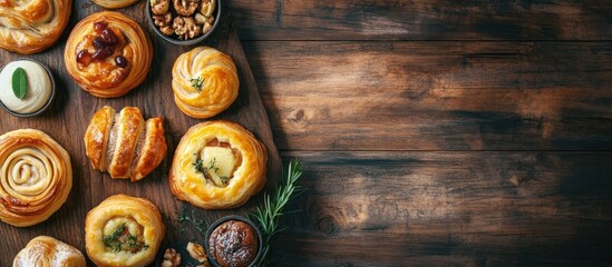 Poster - Top view of assorted pastries arranged on a rustic wooden table with fresh ingredients and a warm inviting ambiance