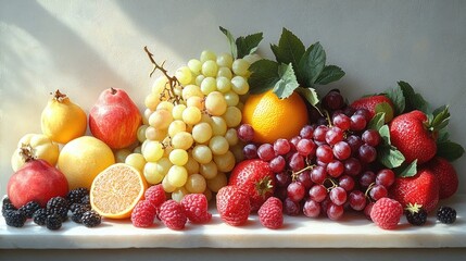 Poster - Assorted fresh fruits arranged aesthetically on a white background showcasing vibrant colors and textures for culinary or marketing concepts.