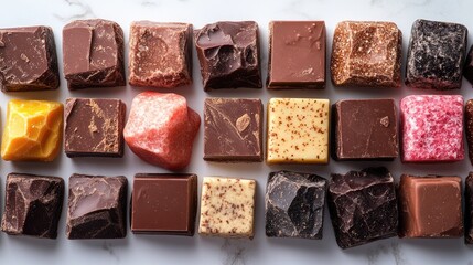 Aufkleber - Assorted gourmet chocolate squares in various colors and shapes displayed on a marble background for confectionery promotions.