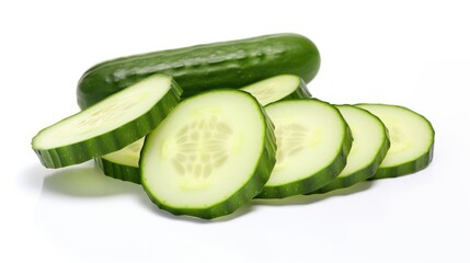 Poster - Fresh green cucumber slices arranged artistically with whole cucumber on a white background showcasing healthy food options.
