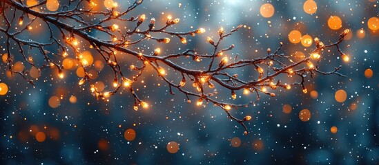 Poster - Tree branch decorated with warm fairy lights and vibrant bokeh effect in a winter wonderland setting creating a magical ambiance