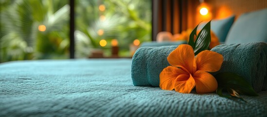 Poster - Tropical bedroom decor featuring vibrant bedding towels and decorative flowers in an inviting and serene environment