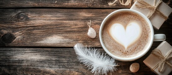 Aufkleber - Cappuccino with heart design and decorative feathers beside gifts on rustic wooden background