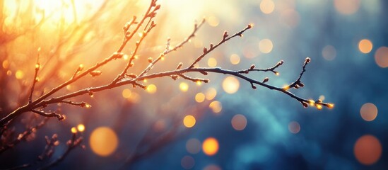 Poster - Close up of a tree branch adorned with soft glowing lights and a dreamy bokeh effect creating a warm atmospheric background