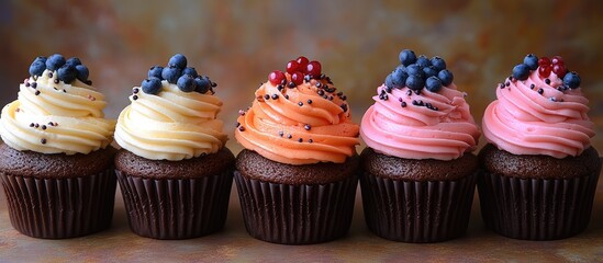 Poster - Delicious cupcakes with colorful cream toppings and fresh fruit garnishes arranged on a rustic background.