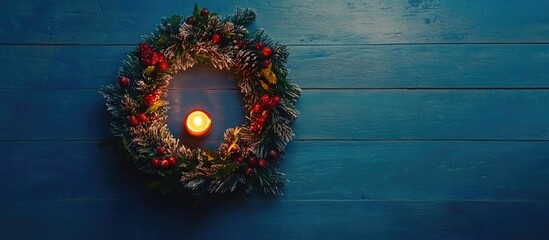 Poster - Christmas wreath adorned with berries and pine on a blue wooden table featuring a warm lit candle in the center creating a festive ambiance