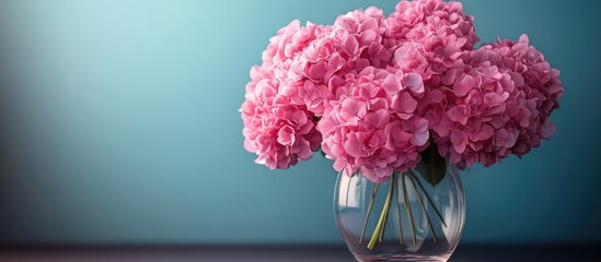Poster - Elegant pink hydrangea bouquet in a clear glass vase against a soft blue background creating a refreshing floral display for home decor