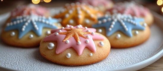 Aufkleber - Vibrant decorated Christmas cookies arranged on a plate showcasing festive colors and intricate designs for holiday celebrations.