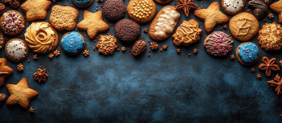 Aufkleber - Vibrant cookie border on dark stone backdrop with copy space for baking ideas or dessert themes in top view composition