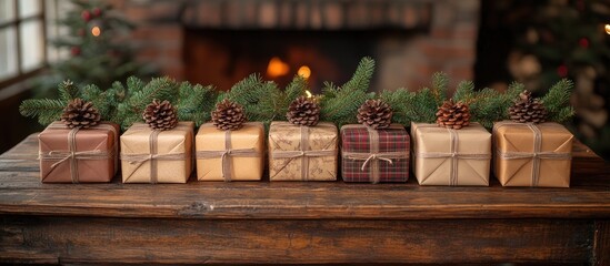Aufkleber - Rustic Christmas backdrop with handcrafted gift boxes adorned with pinecones and greenery on a wooden table
