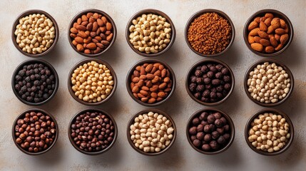 Poster - Diverse assortment of nuts displayed in bowls arranged on a textured tabletop background showcasing variety and natural textures