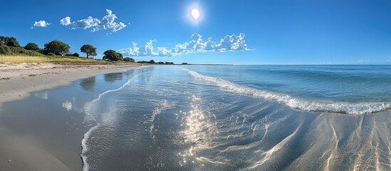 Poster - Tranquil sandy beach with clear water and vibrant blue sky reflecting a peaceful coastal atmosphere