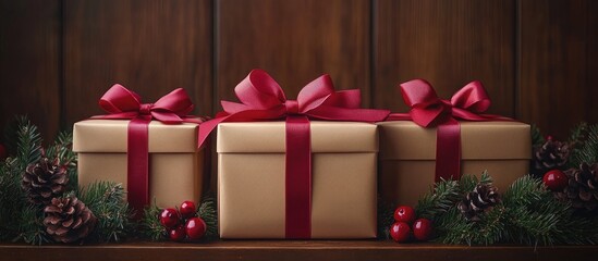 Poster - Christmas gift boxes with red ribbons surrounded by pinecones and berries on a rustic wooden background for festive decoration.