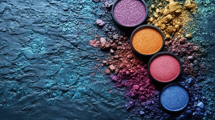 Aufkleber - Vibrant eye shadow powders arranged in circular containers on a textured background showcasing a colorful spectrum of shades and pigments