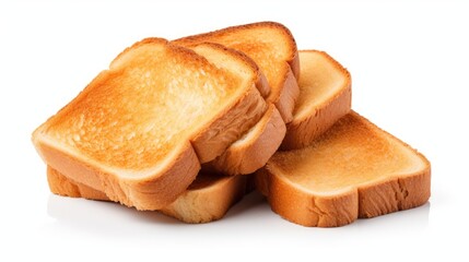 Poster - Toasted bread slices stacked on a white background showcasing texture and golden color for culinary and food photography use.
