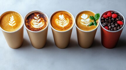 Poster - Variety of take away coffee cups with latte art and toppings displayed in aerial view against a light background