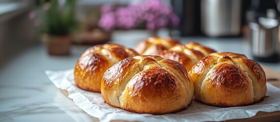 Poster - Freshly baked hot cross buns on parchment paper displayed on a kitchen countertop showcasing traditional food and home baking culture.