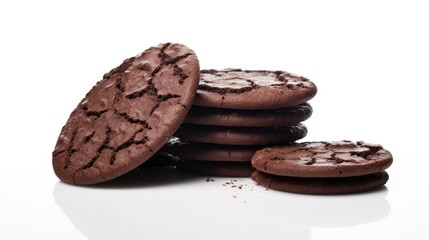 Poster - Stack of chocolate lava biscuits with a cracked surface on a clean white background showcasing delicious baked treats.