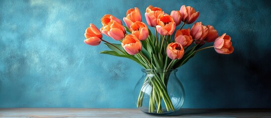 Poster - Elegant bouquet of pink tulips in a glass vase on a rustic wooden table with a serene blue background