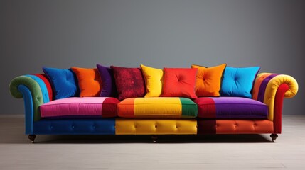 Poster - Vibrant multi-color three-seater sofa with decorative pillows for modern living spaces and stylish interior design.