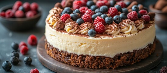 Poster - Close-up view of a delectable tiramisu cake topped with fresh raspberries and blueberries on a grey background with berries scattered around