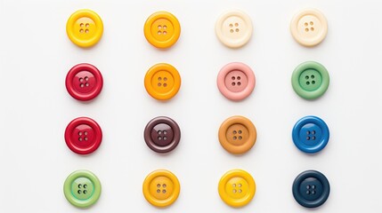 Poster - Colorful clothing buttons arranged in rows on a white background showcasing a variety of shapes and colors for sewing and crafts.