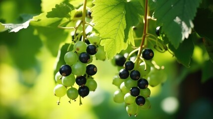 Poster - Close up of green and blackcurrant berries on a bush in a garden with selective focus highlighting the fresh fruits and vibrant leaves