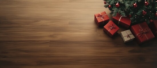 Poster - Christmas tree and gift boxes on wooden surface overhead view with space for your festive message or text celebration background