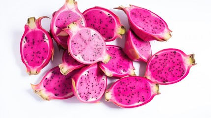 Poster - Vibrant dragon fruit slices arranged on a clean white background showcasing their bright colors and unique texture