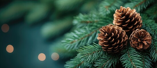 Poster - Fir tree branches with pinecones and festive bokeh creating a serene evergreen holiday atmosphere for winter celebrations.