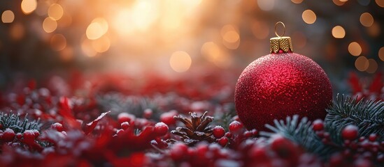 Aufkleber - Festive Christmas ornament surrounded by seasonal greenery and berries creating a warm holiday atmosphere with soft glowing lights.