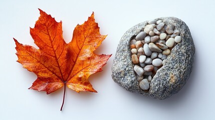 Poster - Vibrant autumn maple leaf with curled edges beside a textured stone filled with pebbles on a clean white background