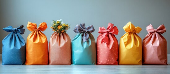 Poster - Colorful gift bags with decorative bows and flowers arranged on a neutral background creating a festive and cheerful atmosphere.