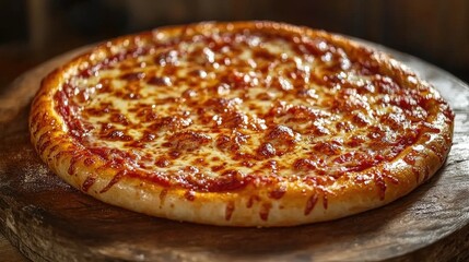 Aufkleber - Cheese pizza on rustic wooden plate showcasing delicious unhealthy comfort food against a neutral background