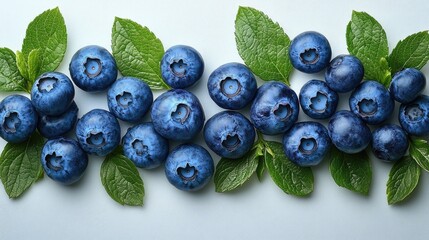 Aufkleber - Blueberries with fresh mint leaves on white background Aerial view suitable for food related promotions and healthy eating concepts