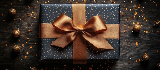 Aufkleber - Elegant gift box with golden ribbon on wooden surface surrounded by festive decorations and empty space for text above