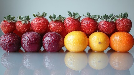 Aufkleber - Colorful assortment of fresh fruits including strawberries and citrus arranged on a reflective surface against a light backdrop.