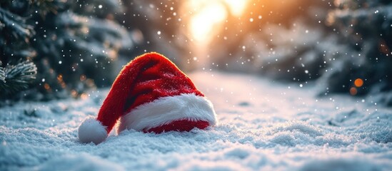 Poster - Festive winter scene with a Santa hat resting on fresh snow illuminated by warm sunset light and gentle falling snowflakes.