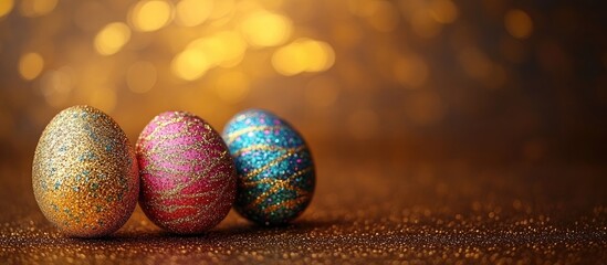 Poster - Colorful decorative Easter eggs on a shimmering golden backdrop with space for text creating a festive and elegant atmosphere.