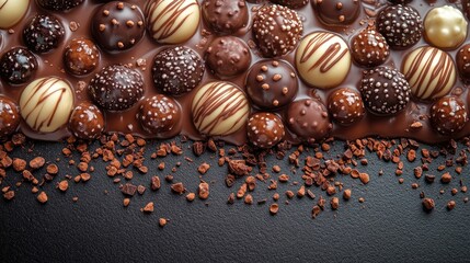 Poster - Assorted chocolate candies arranged on a dark surface with a blank space for text or branding purposes