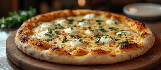 Aufkleber - Delicious Golden Brown Cheese Pizza with Fresh Herbs on Wooden Serving Board