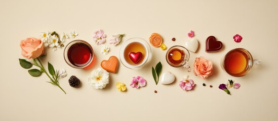 Poster - Sweet heart-shaped candies, flowers, and tea cups arranged on a beige backdrop for romantic celebrations and special occasions.