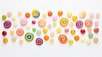 Aufkleber - Colorful assortment of candy arranged artistically on white background for tempting dessert or sweet shop advertising