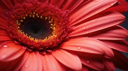 Poster - Vibrant close up of a red Gerbera daisy showcasing intricate petal details and water droplets glistening in natural light