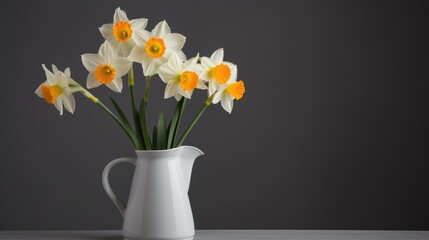 Poster - Daffodils in a white pitcher showcasing vibrant blooms against a textured grey background for elegant floral decor themes