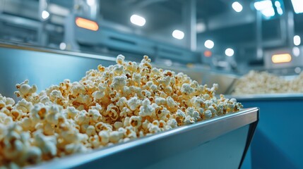 Poster - Popcorn production plant conveyor movement food factory industrial environment close-up view manufacturing concept